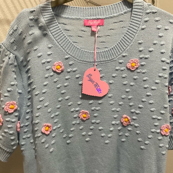 Sugar Thrillz Sweaters - Sugar Thrillz Blue and Pink Crew Neck Sweater with Textured Pattern